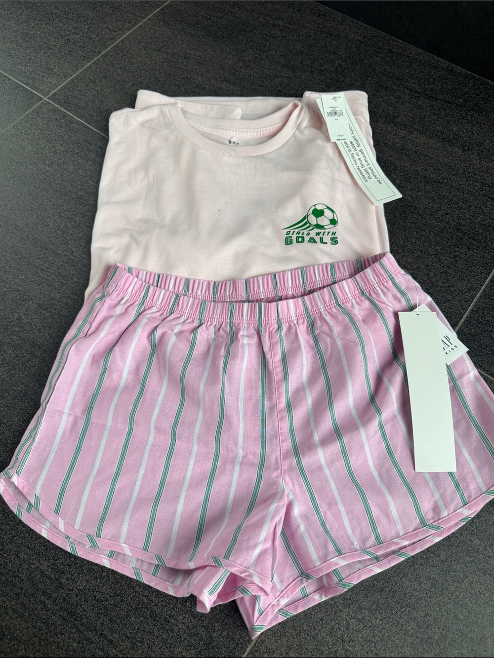 Girls'  GAP Pink Striped Pajama Set - 'Girls with Goals' Tee and Shorts